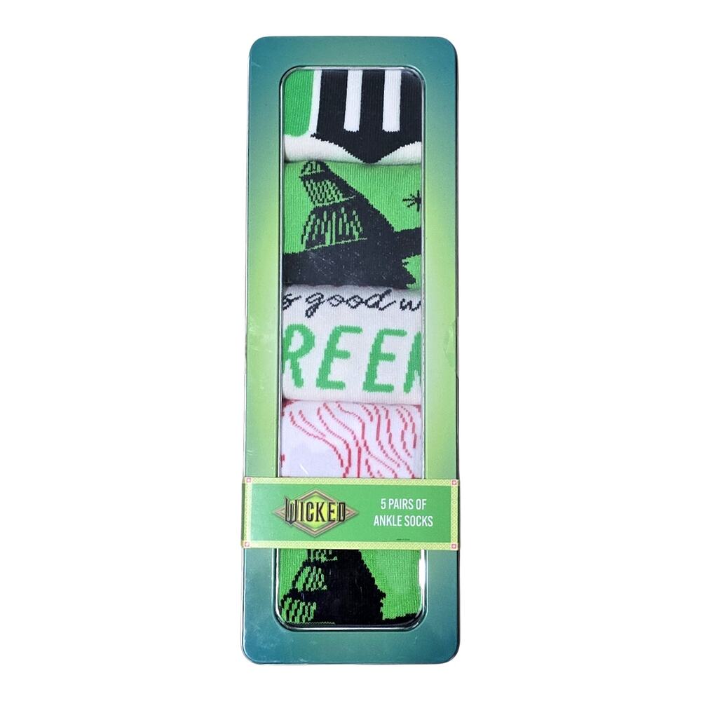 Wicked 5 Pack Ankle Socks Gift Tin Elphaba Glinda 9-11 Movie Musical Green Pink